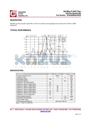 SF0400BA02520S datasheet - 400 MHz IF SAW Filter 160 KHz Bandwidth