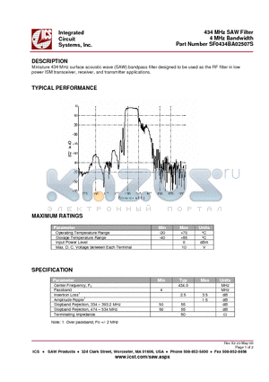 SF0434BA02507S datasheet - 434 MHz SAW Filter 4 MHz Bandwidth