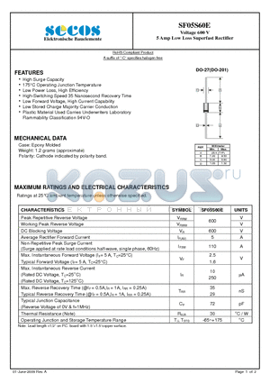 SF05S60E datasheet - 5 Amp Low Loss Superfast Rectifier