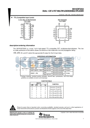 SN74CBT3253PWE4 datasheet - DUAL 1-OF-4 FET MULTIPLEXER/DEMULTIPLEXER