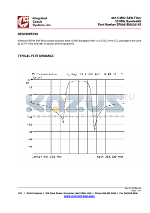 SF0881BA02514S datasheet - 881.5 MHz SAW Filter 25 MHz Bandwidth