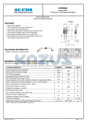 SF08S60 datasheet - 8 Amp Low Loss Superfast Rectifier
