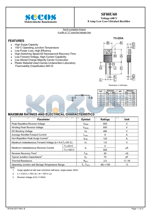 SF08U60 datasheet - 8 Amp Low Loss Ultrafast Rectifier