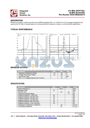 SF0915BA02501S datasheet - 915 MHz SAW Filter 26 MHz Bandwidth