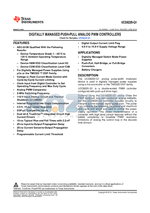 UCD8220QPWPRQ1 datasheet - DIGITALLY MANAGED PUSH-PULL ANALOG PWM CONTROLLERS