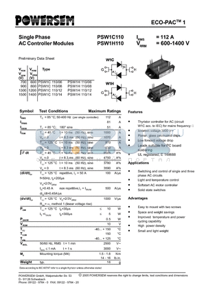 PSW1C110 datasheet - Single Phase AC Controller Modules