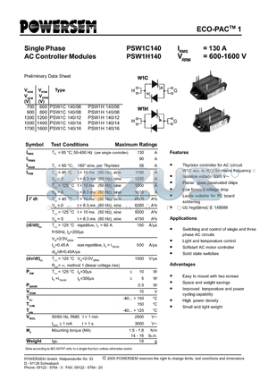PSW1C140 datasheet - Single Phase AC Controller Modules