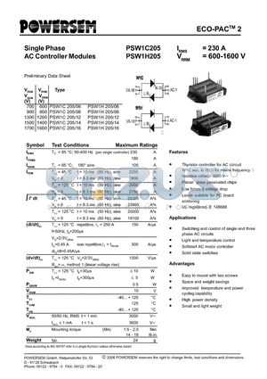 PSW1C205 datasheet - Single Phase AC Controller Modules