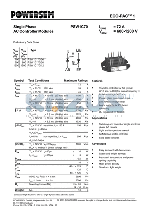 PSW1C70 datasheet - Single Phase AC Controller Modules