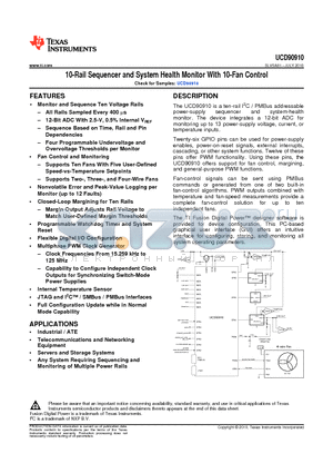 UCD90910 datasheet - 10-Rail Sequencer and System Health Monitor With 10-Fan Control