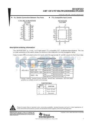 SN74CBT3257DBRE4 datasheet - 4-BIT 1-OF-2 FET MULTIPLEXER/DEMULTIPLEXER