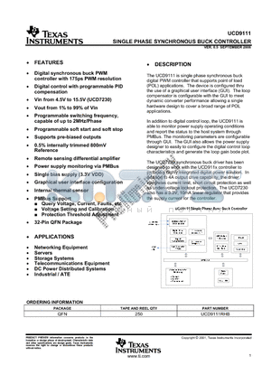 UCD9111RHB datasheet - SINGLE PHASE SYNCHRONOUS BUCK CONTROLLER