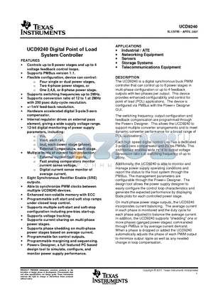 UCD9240RGCT datasheet - UCD9240 Digital Point of Load System Controller