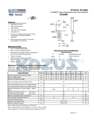 SF1004G datasheet - 10.0AMPS. Glass Passivated Super Fast Rectifiers