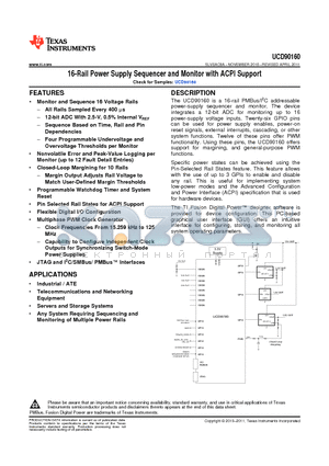 UCD90160RGCR datasheet - 16-Rail Power Supply Sequencer and Monitor with ACPI Support