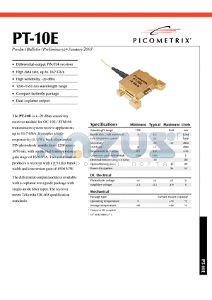 PT-10E datasheet - A -20 dBm sensitivity receiver module