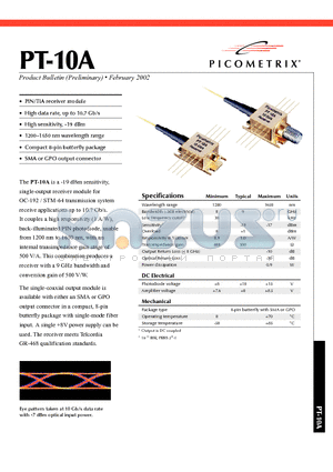 PT-10A datasheet - A -19 dBm sensitivity, single-output receiver module