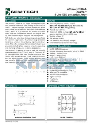 UCLAMP0504A datasheet - lClampTM 4-Line ESD protection Array