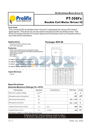 PT-308 datasheet - DC Brushless Motor Driver IC