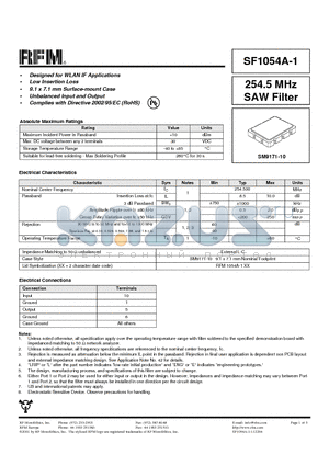 SF1054A-1 datasheet - 254.5 MHz SAW Filter