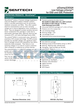 UCLAMP3301H datasheet - Low Voltage UClampTM for ESD and CDE Protection