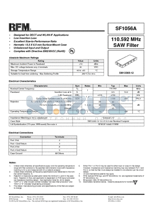 SF1056A datasheet - 110.592 MHz SAW Filter