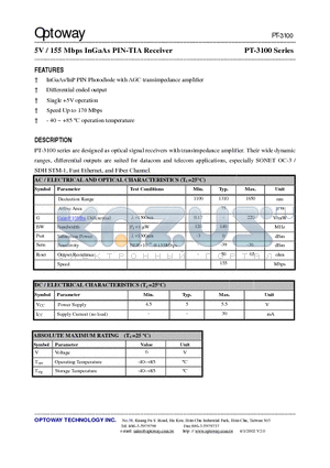 PT-3100 datasheet - 5V / 155 Mbps InGaAs PIN-TIA Receiver