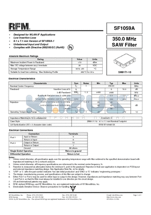 SF1059A datasheet - 350.0 MHz SAW Filter