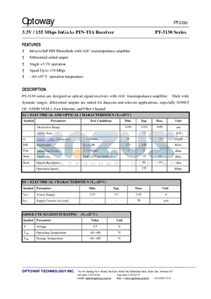 PT-3100 datasheet - 3.3V / 155 Mbps InGaAs PIN-TIA Receiver