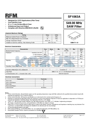 SF1063A datasheet - 549.00 MHz SAW Filter