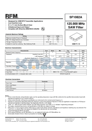 SF1082A datasheet - 125.000 MHz SAW Filter