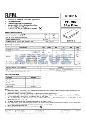 SF1091A datasheet - 211 MHz SAW Filter