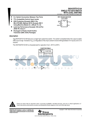 SN74CBTD1G125 datasheet - SINGLE FET BUS SWITCH WITH LEVEL SHIFTING