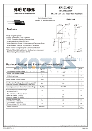 SF10L60U datasheet - 10 AMP Low Loss Super Fast Rectifiers
