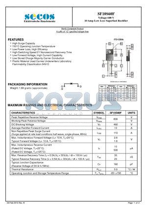 SF10S60F datasheet - 10 Amp Low Loss Superfast Rectifier