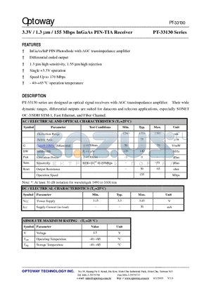 PT-33100 datasheet - 3.3V / 1.3 lm / 155 Mbps InGaAs PIN-TIA Receiver