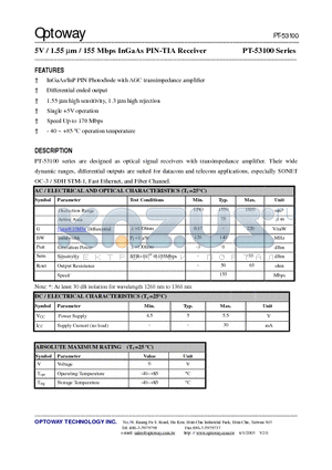 PT-33100 datasheet - 5V / 1.55 lm / 155 Mbps InGaAs PIN-TIA Receiver