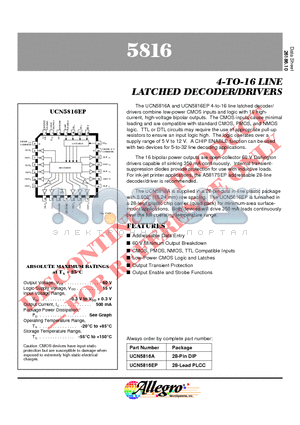 UCN5816A datasheet - 4-TO-16 LINE LATCHED DECODER/DRIVERS