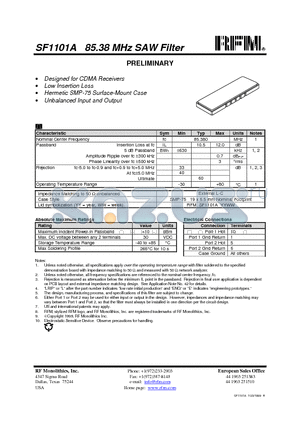 SF1101A datasheet - 85.38 MHz SAW Filter