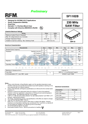 SF1102B datasheet - 230 MHz SAW Filter