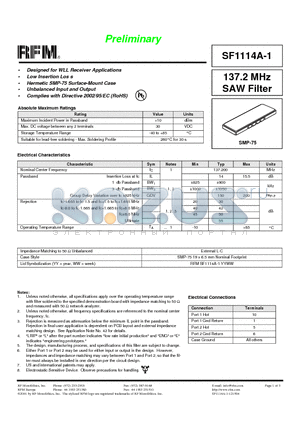 SF1114A-1 datasheet - 137.2 MHz SAW Filter