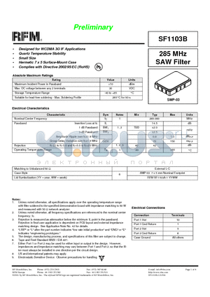 SF1103B datasheet - 285 MHz SAW Filter