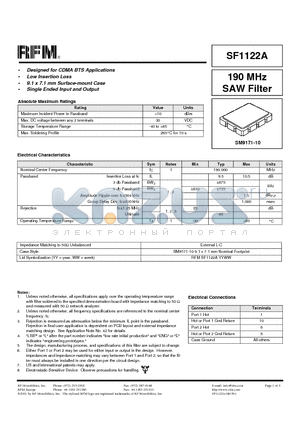 SF1122A datasheet - 190 MHz SAW Filter