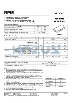 SF1125A datasheet - 380 MHz SAW Filter