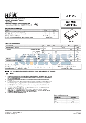 SF1131B datasheet - 266 MHz SAW Filter