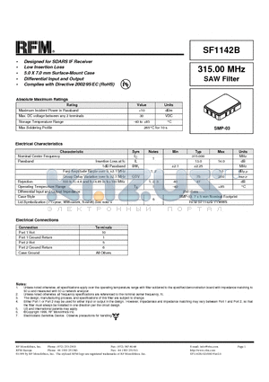 SF1142B datasheet - 315.00 MHz SAW Filter