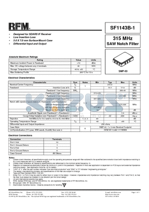 SF1143B-1 datasheet - 315 MHz SAW Notch Filter