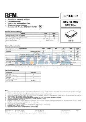 SF1143B-2 datasheet - 315.00 MHz SAW Filter