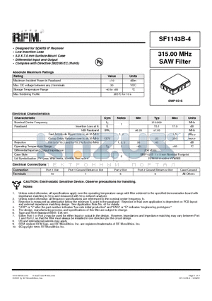 SF1143B-4 datasheet - 315.00 MHz SAW Filter