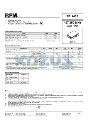 SF1145B datasheet - 427.250 MHz SAW Filter